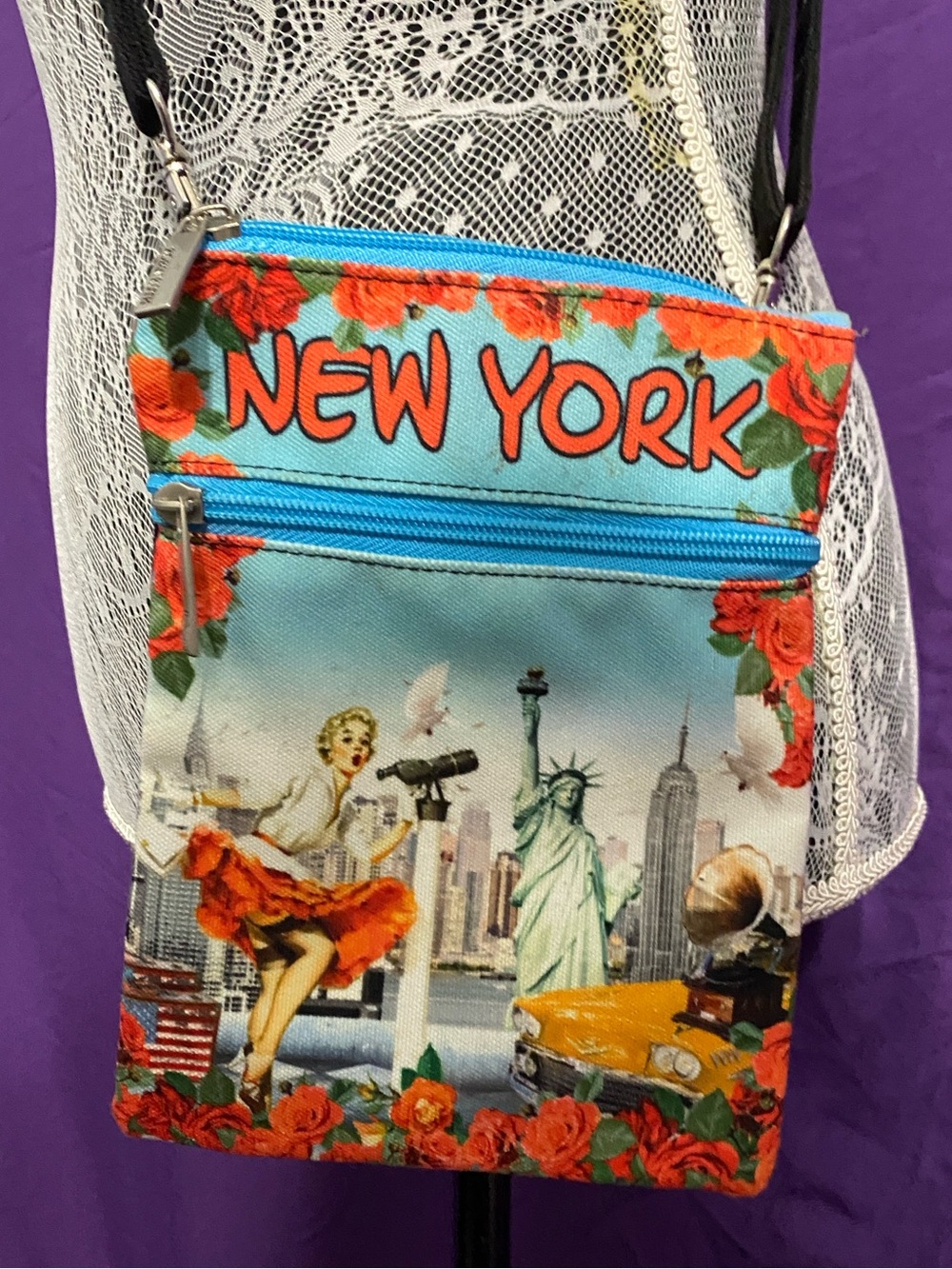 Robin Ruth Turquoise and Red New York Floral Crossbody Bag